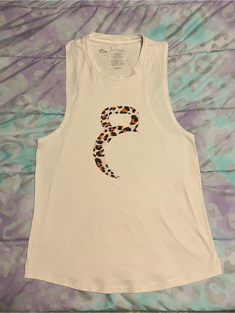 White Sleeveless Women's Tank with Leopard Print Moon Kettle Zyia Logo